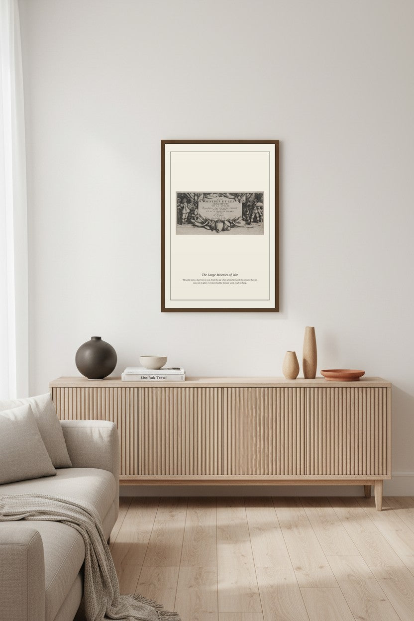 A framed black and white art print hangs on a light gray wall above a light wood console table in a modern, minimalist living room setting.