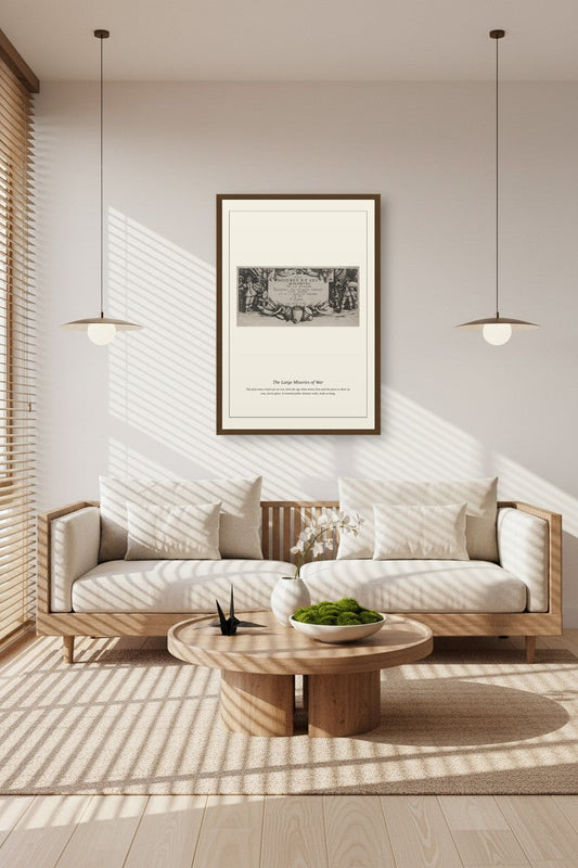 A framed black and white art print hangs on a beige wall above a light wood sofa in a modern, sunlit living room with pendant lights and striped shadows.