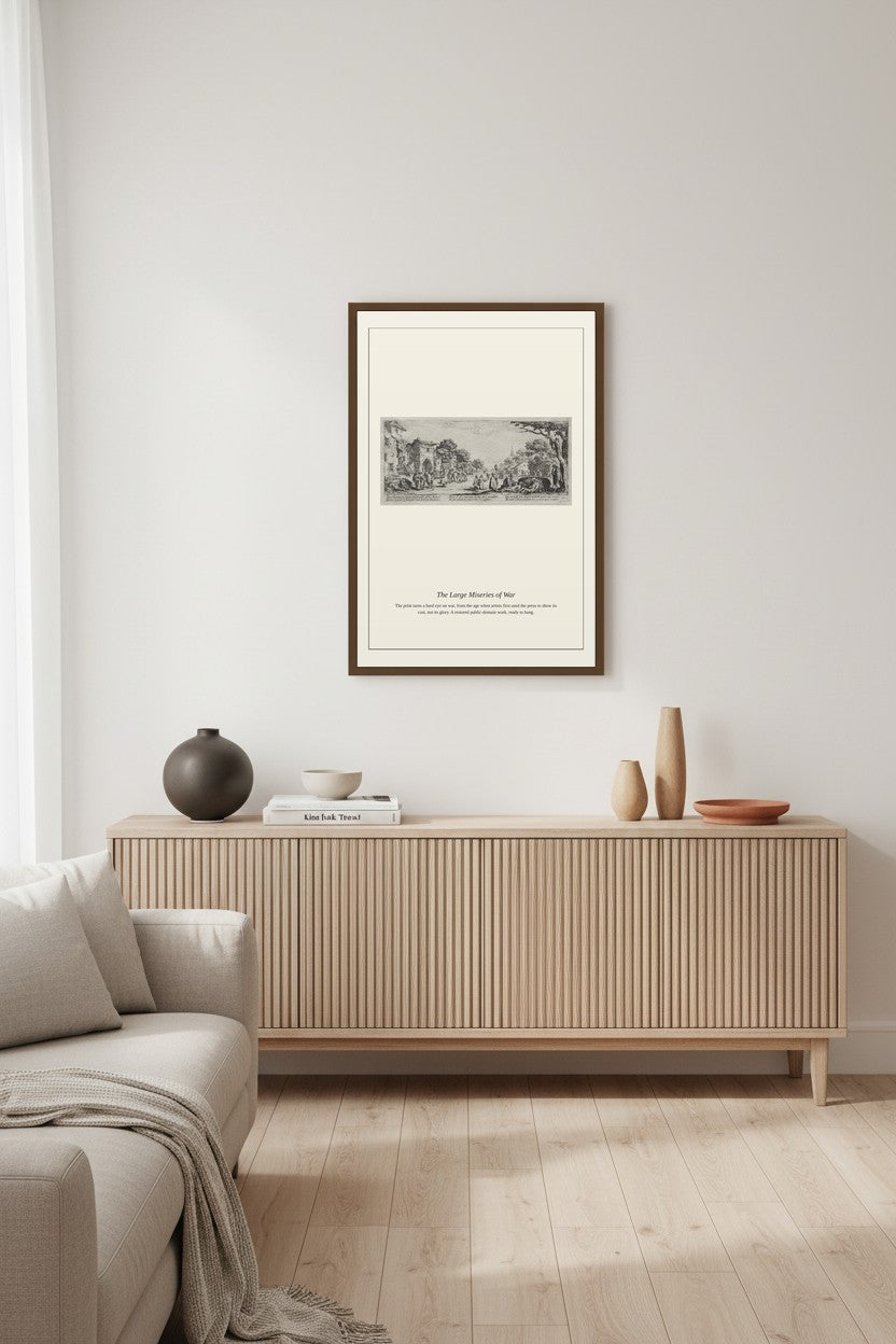 A framed black and white landscape art print hangs on a light gray wall above a light wood console table in a modern, minimalist living room setting.