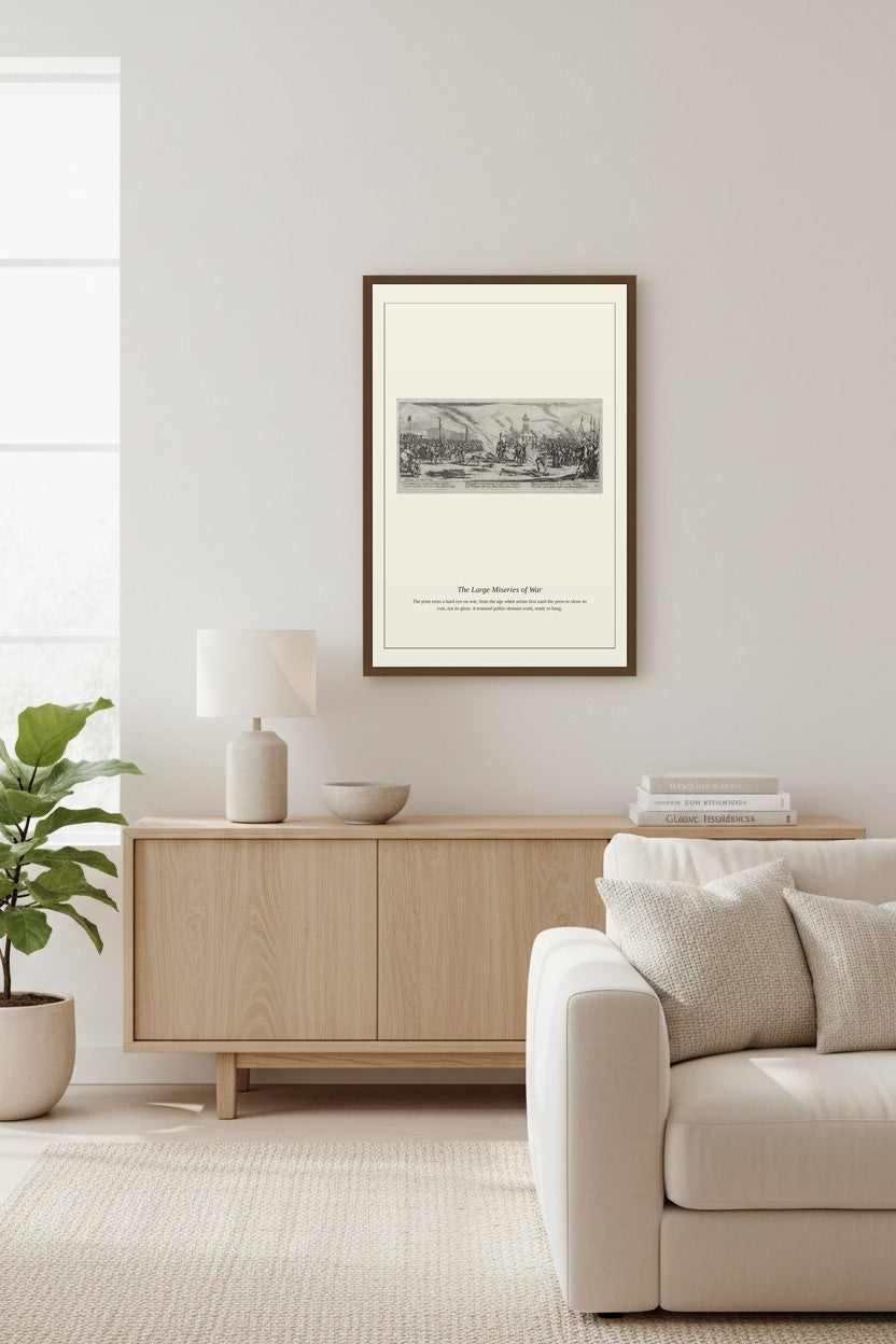 A framed black and white art print titled 'The Great Gatsby Play' hanging on a light gray wall in a modern, minimalist living room with a light wood sideboard, a white sofa, and a potted plant.