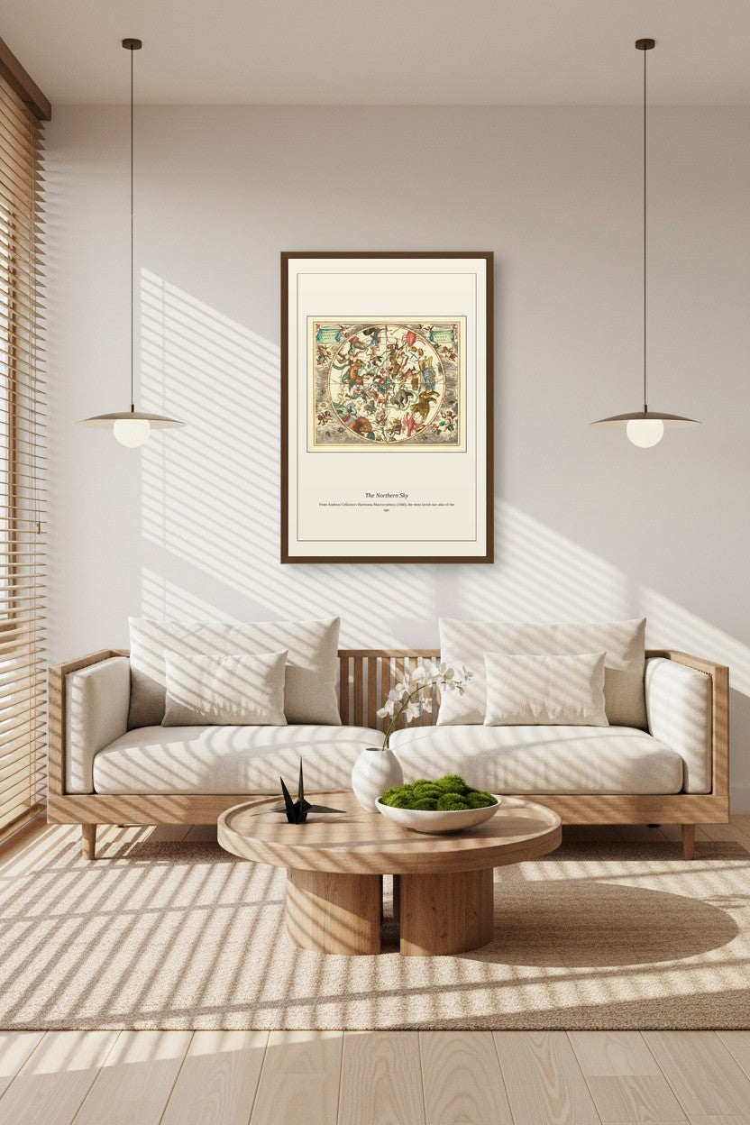 The Northern Constellations star chart framed above a low sofa in a sunlit room