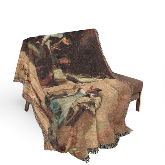 The Power of Music woven throw blanket over bench, cream with classical allegory and robed figures, fringe edges