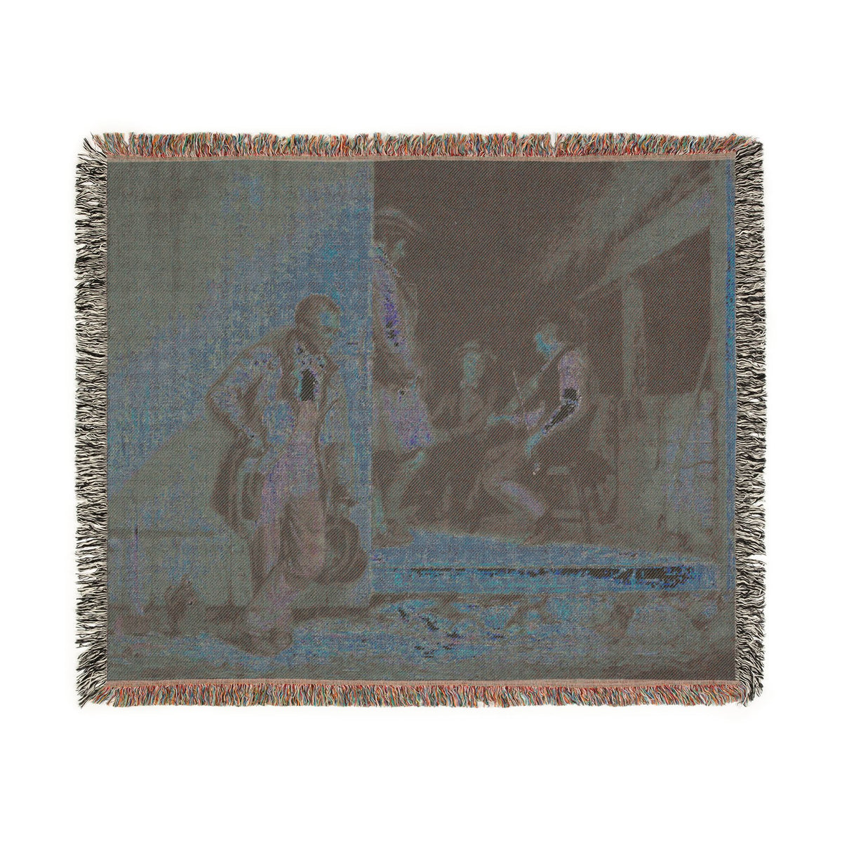 The Power of Music woven throw blanket dark colorway, charcoal with blue-gray classical music allegory, fringe