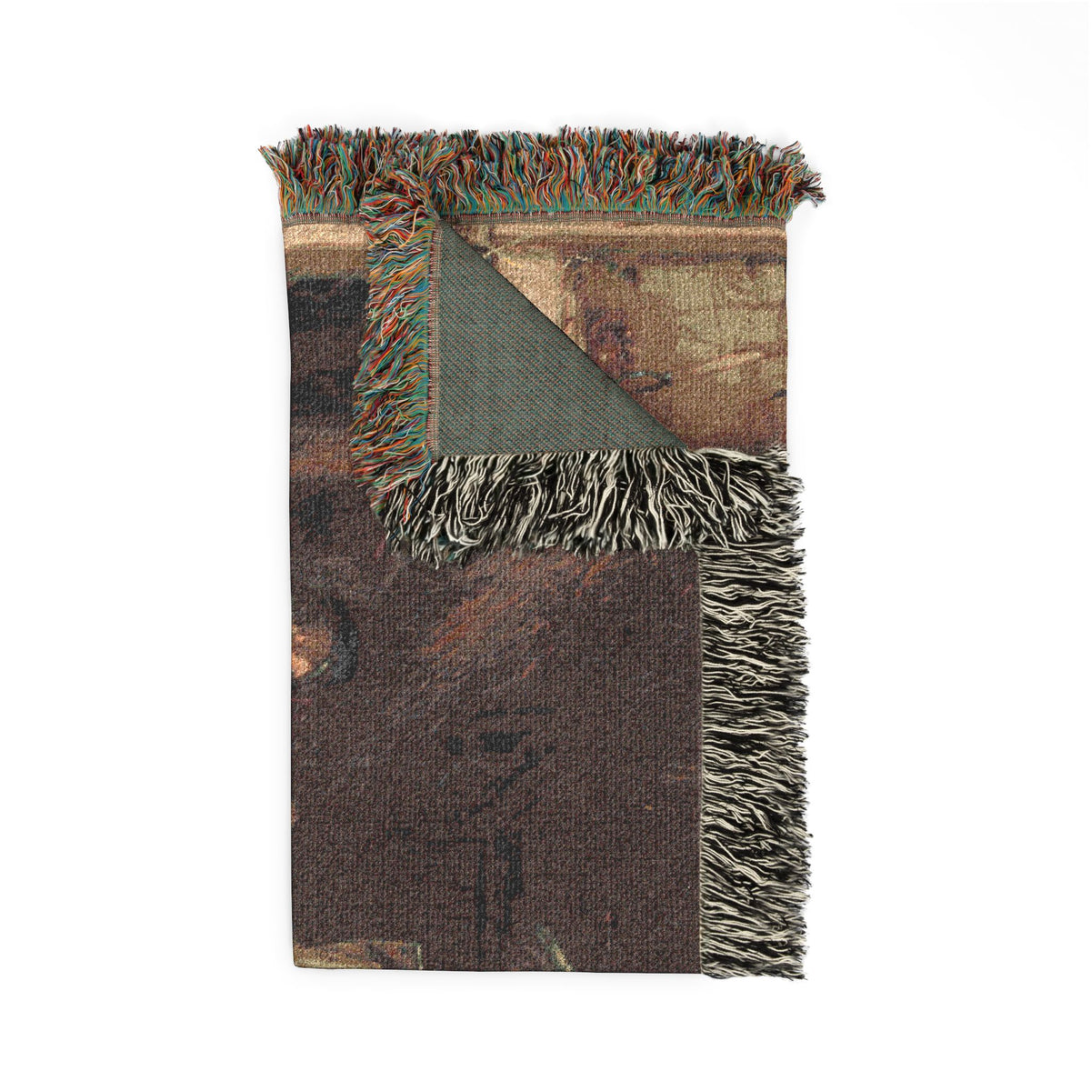 The Power of Music woven throw blanket, cream front with charcoal reverse through triangular fold, corner detail