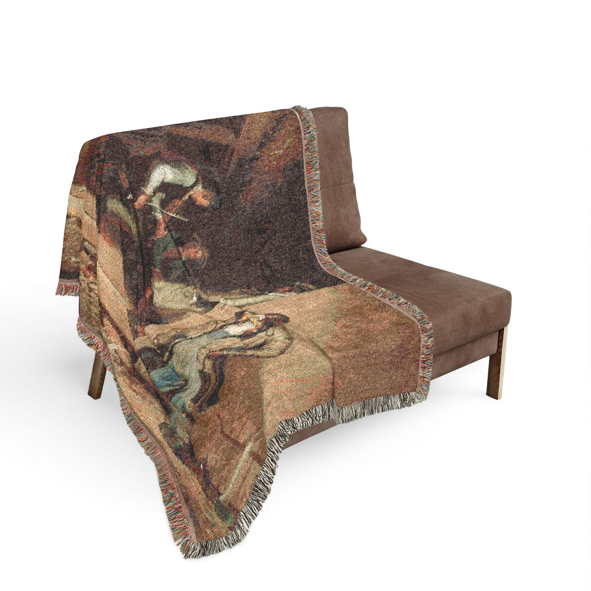 The Power of Music woven throw blanket over loveseat, cream with classical music allegory and robed figures, fringe