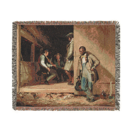 The Power of Music woven throw blanket portrait flat lay, cream with classical allegory of figures and instruments