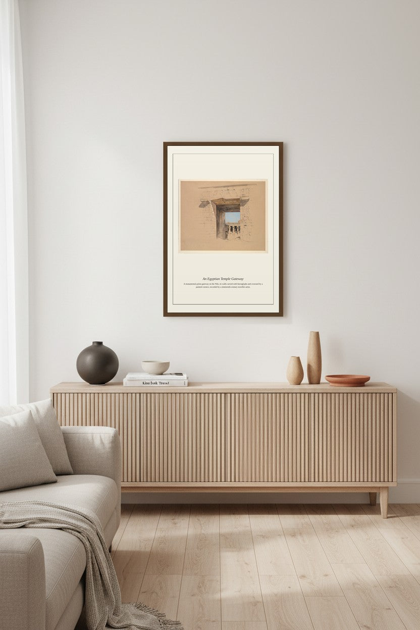 An Egyptian Temple Gateway print framed in a styled interior