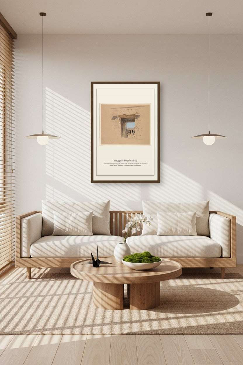 An Egyptian Temple Gateway print framed in a styled interior