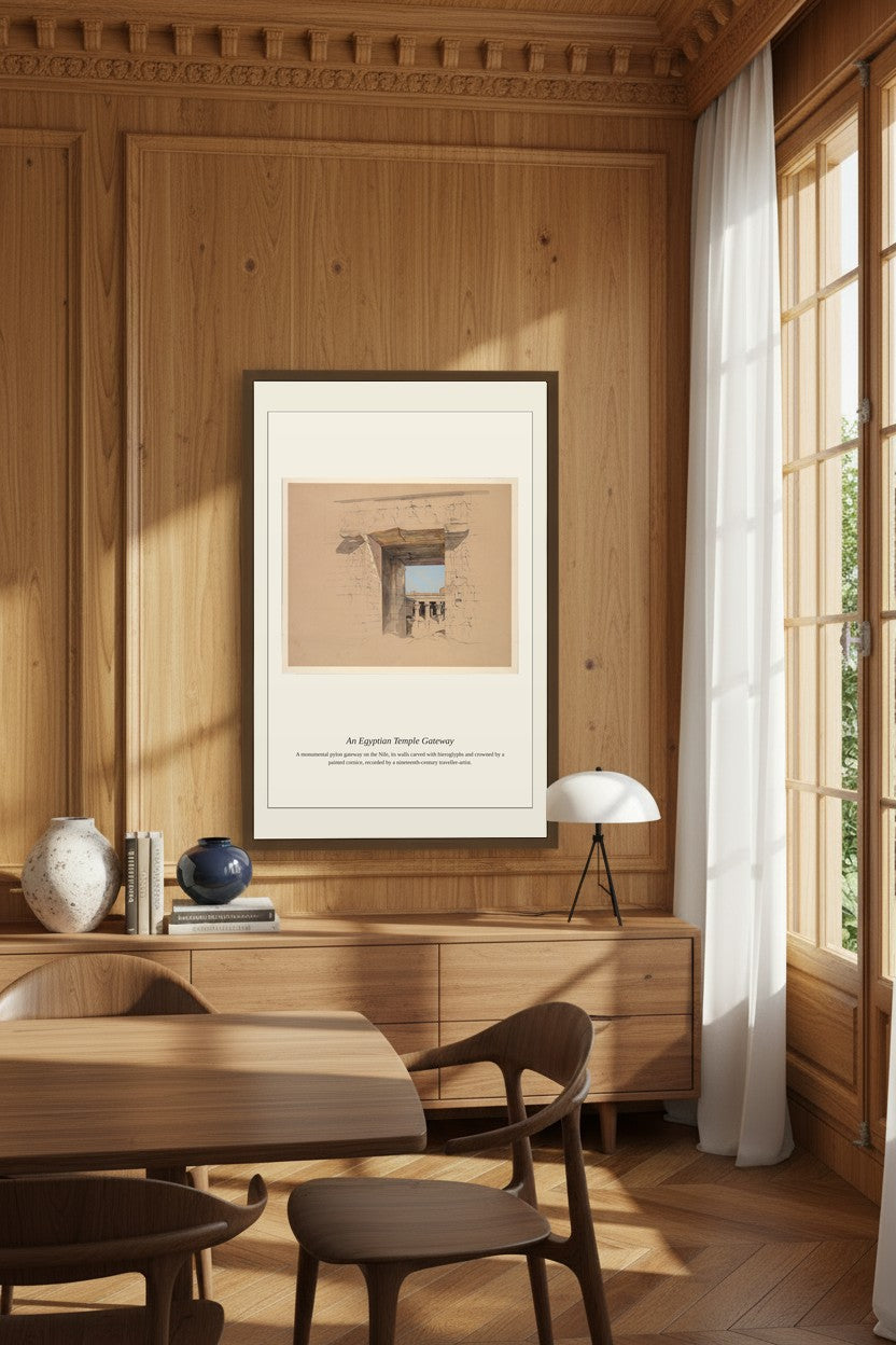 A framed art print featuring an architectural sketch of an Egyptian temple, displayed on a wooden wall in a warm, modern dining room setting.