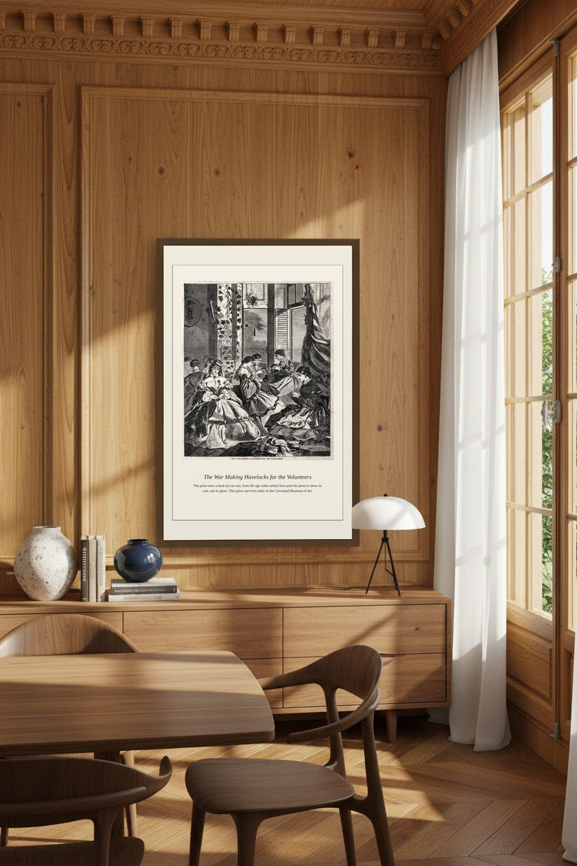 The War Making Havelocks for the Volunteers framed on wood paneling beside a curtained window in a dining room
