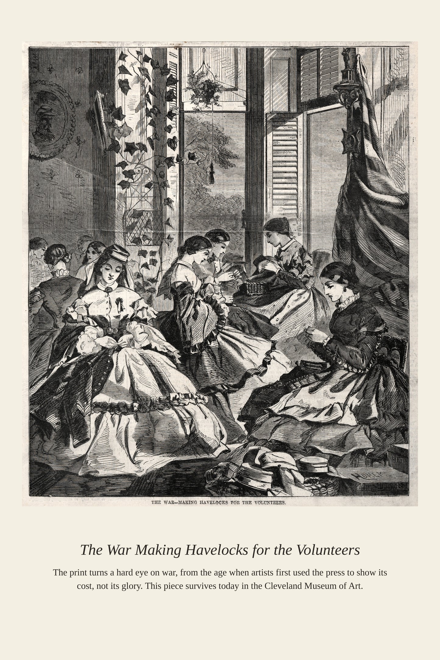 The War Making Havelocks for the Volunteers — a restored antique historical print