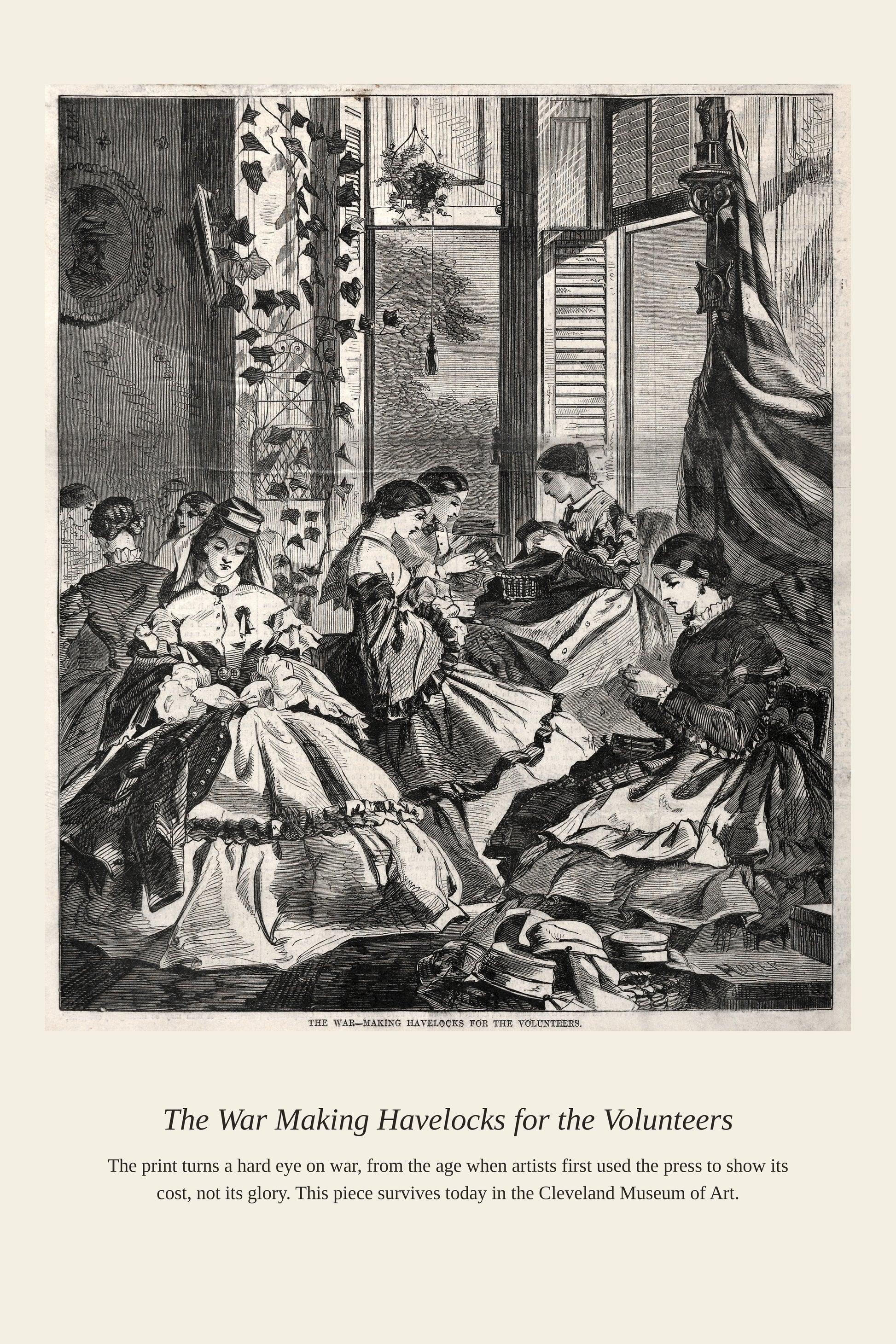 The War Making Havelocks for the Volunteers — a restored antique historical print
