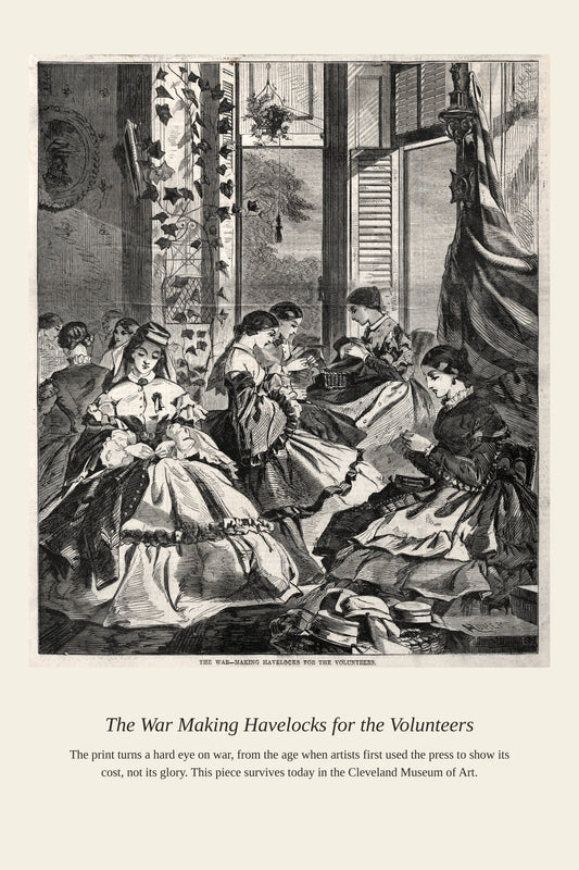 The War Making Havelocks for the Volunteers — a restored antique historical print