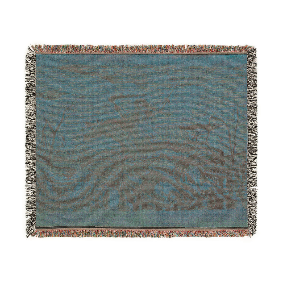 The War woven throw blanket dark colorway, charcoal with dark gray battle scene silhouettes and cavalry, fringe