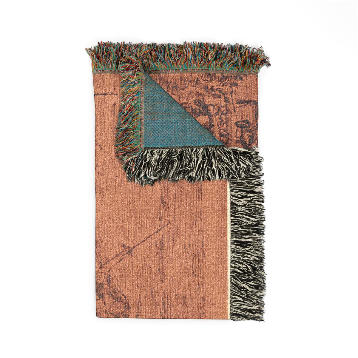 The War woven throw blanket, warm tan front with charcoal reverse through corner fold, folded corner detail