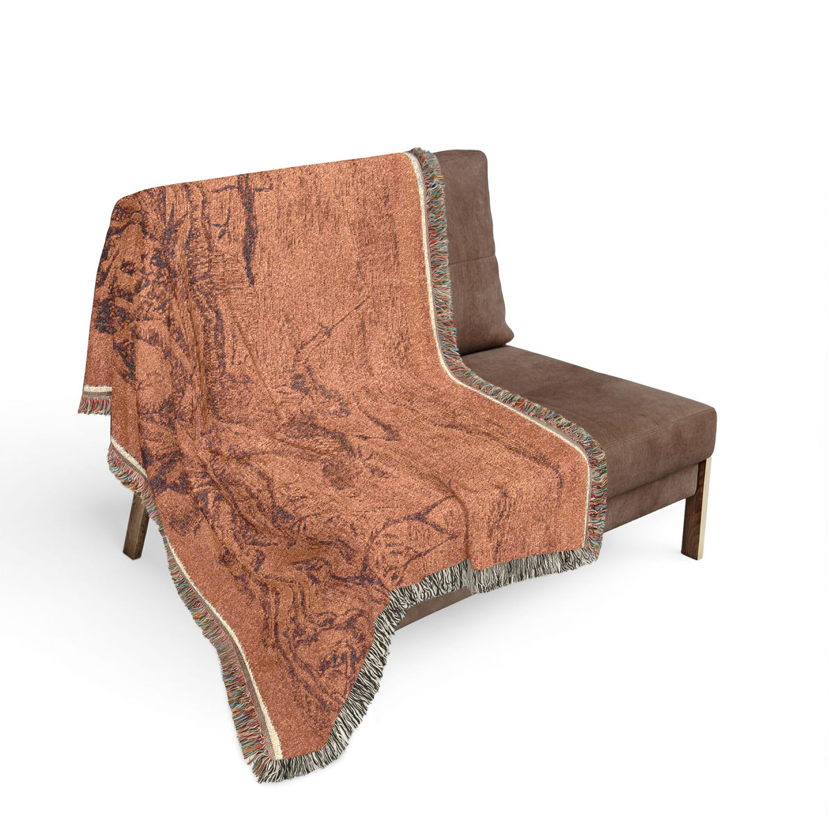 The War woven throw blanket over loveseat, tan ground with historic battle scene across seat and back, fringe