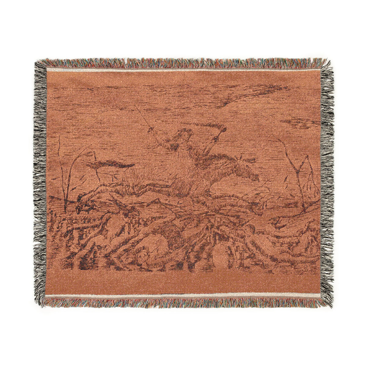 The War woven throw blanket portrait flat lay, warm tan ground with historic battle scene in earth tones, fringe