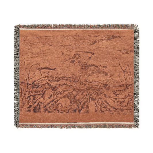 The War woven throw blanket portrait flat lay, warm tan ground with historic battle scene in earth tones, fringe