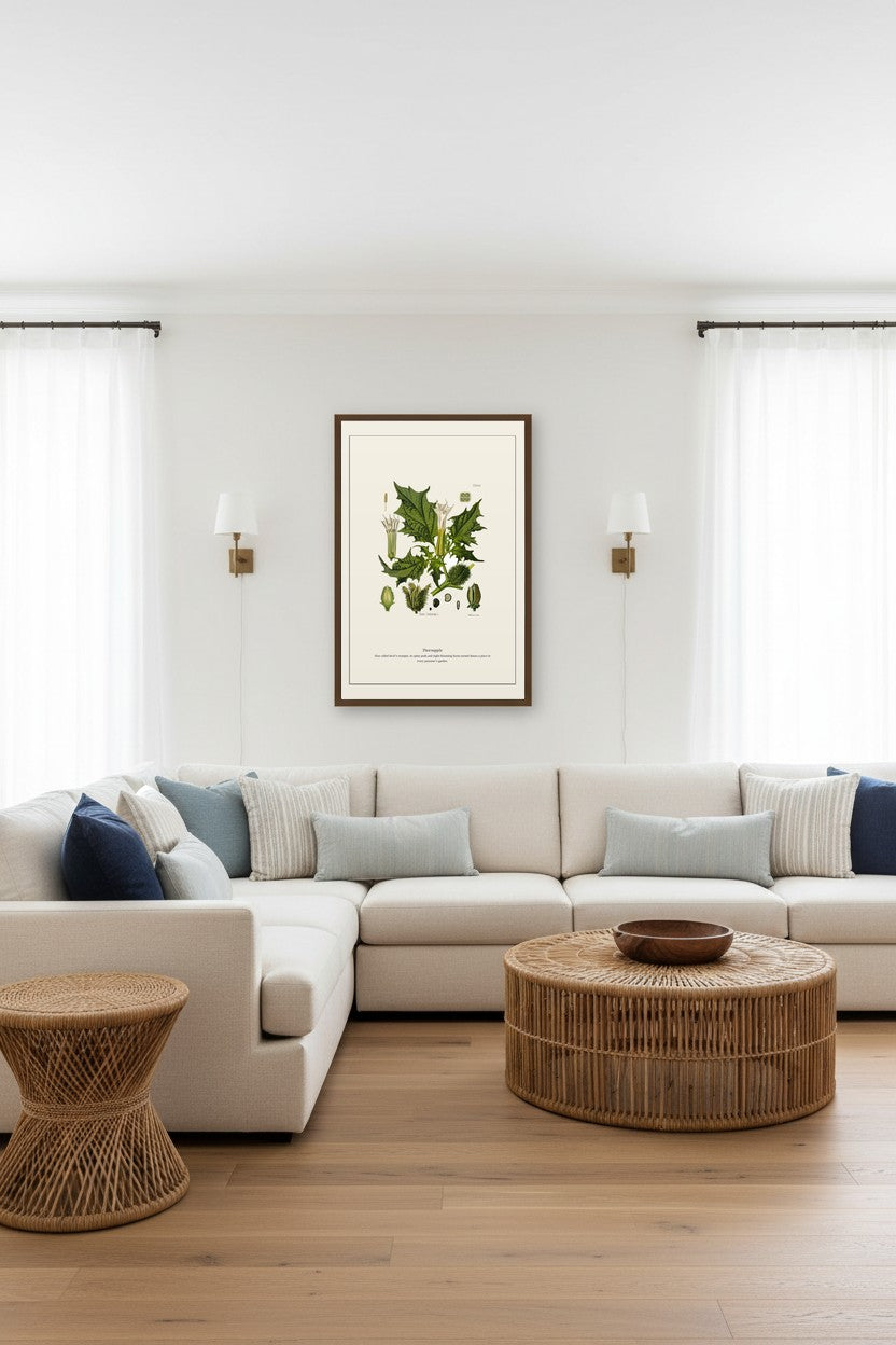 Thornapple botanical print framed above a coastal-style sectional sofa with rattan coffee table