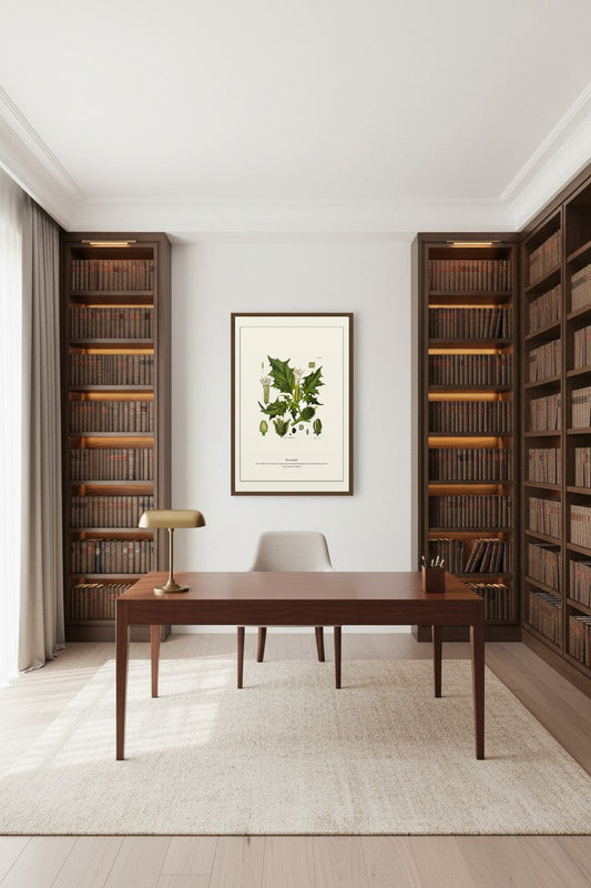 Thornapple print framed above a dark wood desk in a study lined with built-in bookshelves