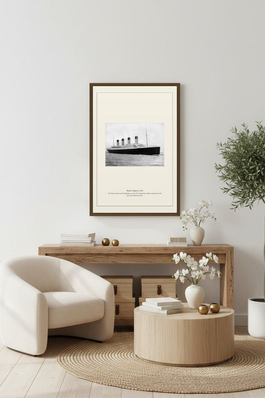 Titanic Departs print above a console table in a neutral entryway with round coffee table