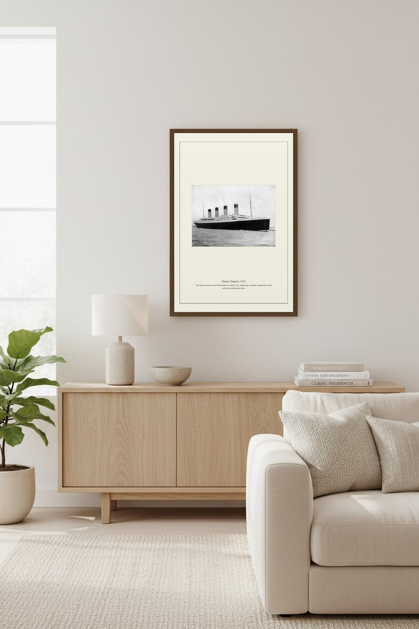Titanic Departs print above a light wood sideboard beside a fiddle-leaf fig plant