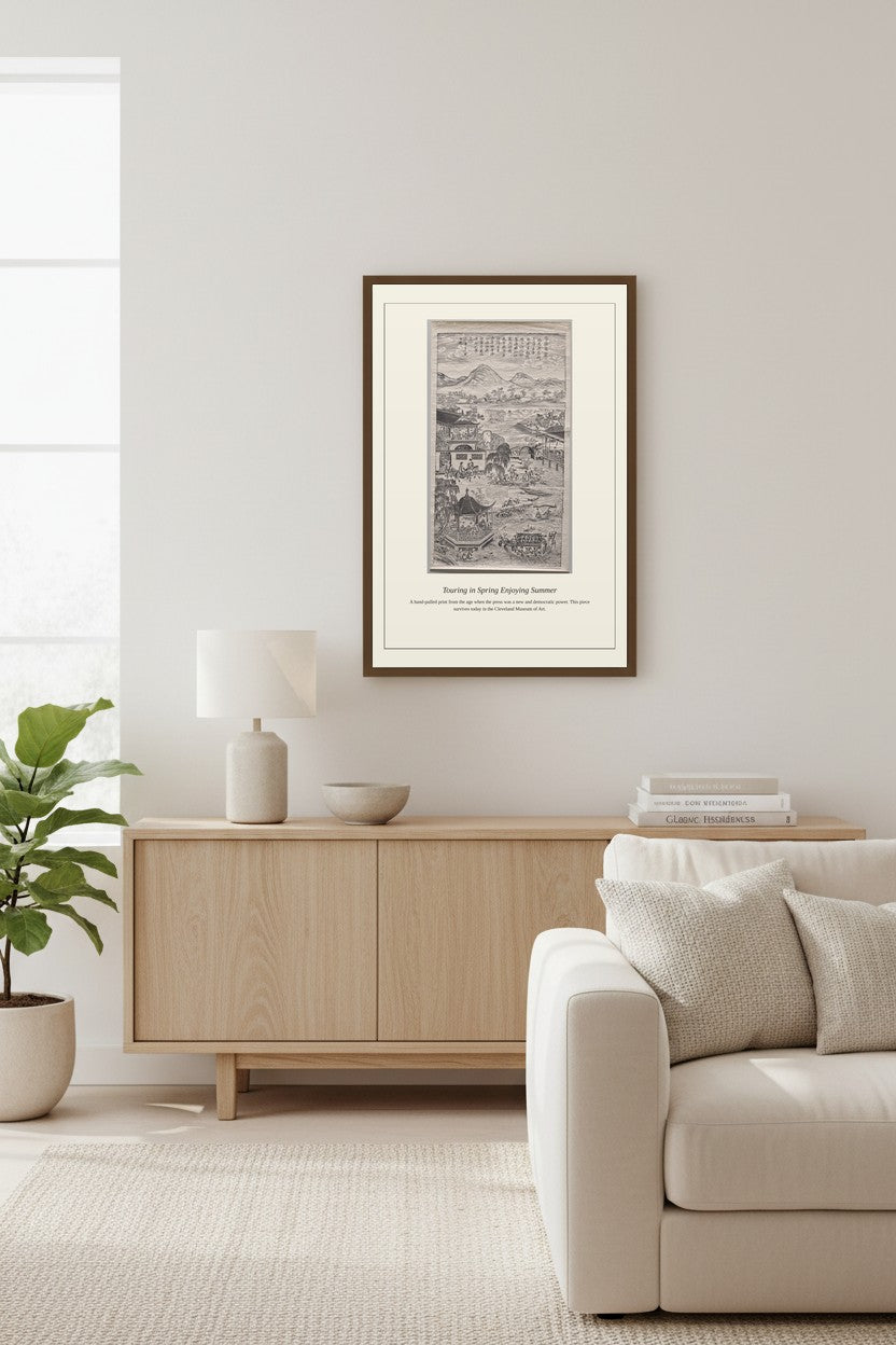 Framed Touring in Spring Enjoying Summer print above a white brick fireplace mantel