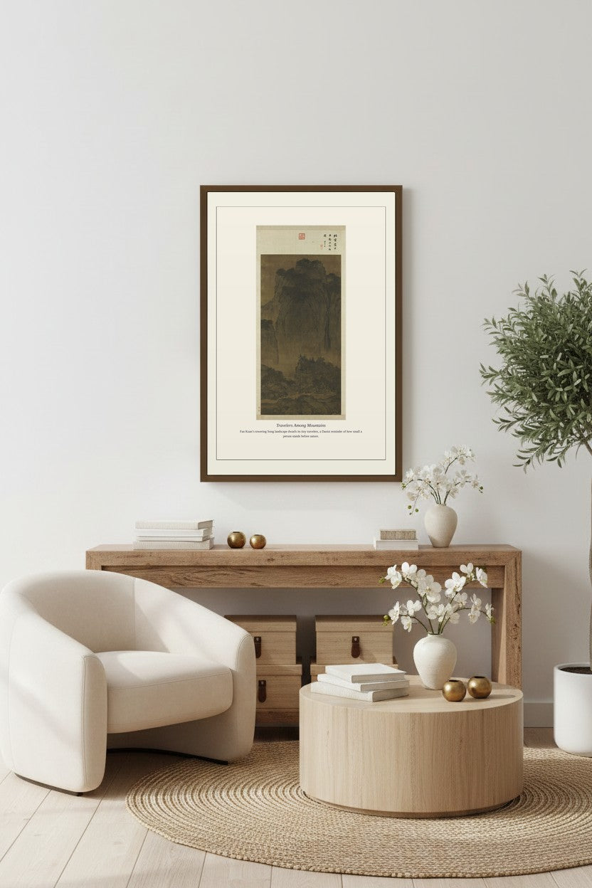 Travelers Among Mountains landscape print above a console table in a neutral entryway