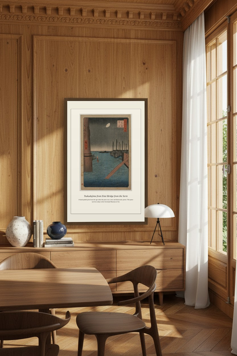 Tsukudajima from Eitai Bridge framed print above a wood-paneled dining room sideboard