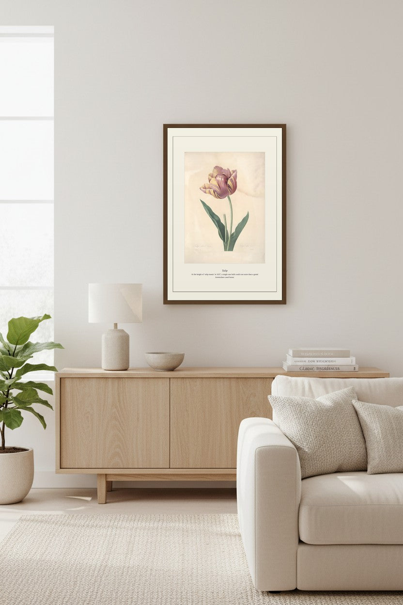 Tulip print framed and mounted above a white brick fireplace in a bright, neutral living room
