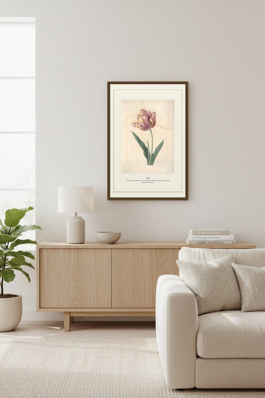 Tulip print framed and mounted above a white brick fireplace in a bright, neutral living room
