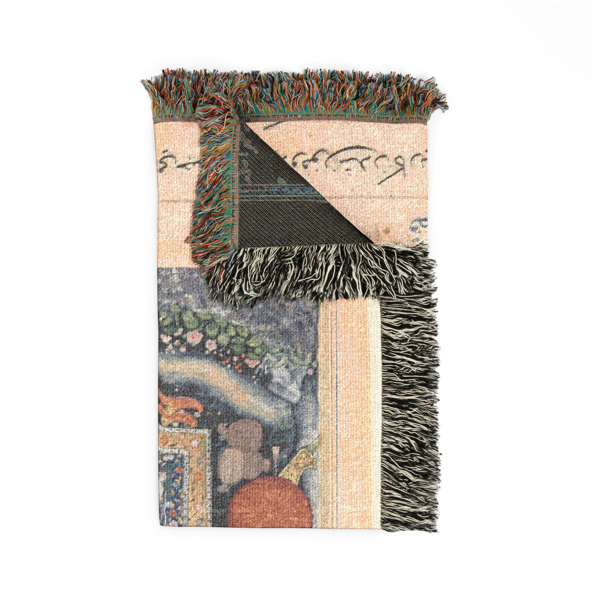 Tuti-nama Parrot Woven Throw Blanket folded corner, Mughal illustration with Persian calligraphy panels, fringe accent