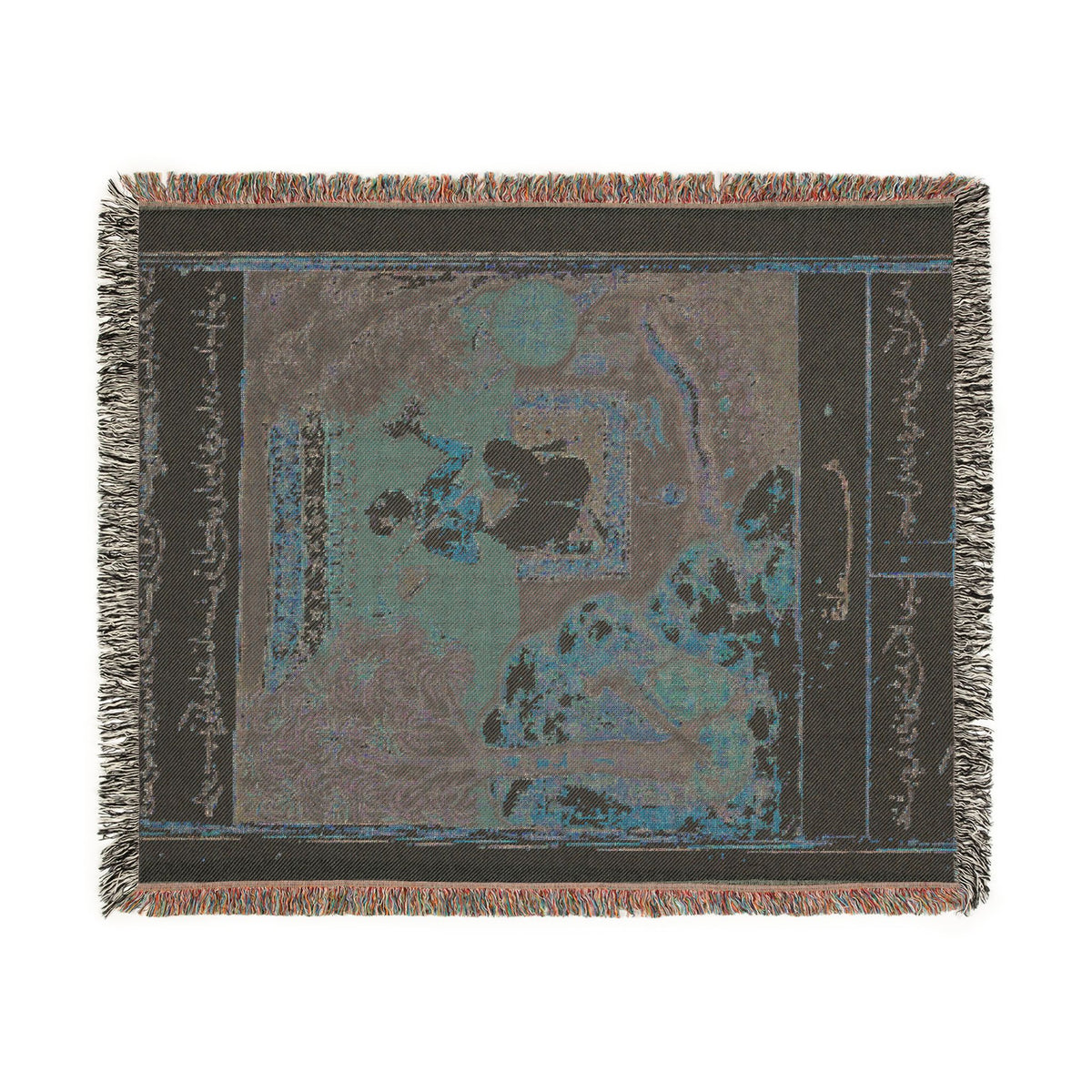 Tuti-nama Parrot Woven Throw Blanket reverse flat lay, muted Persian manuscript tones on back weave, multicolor fringe