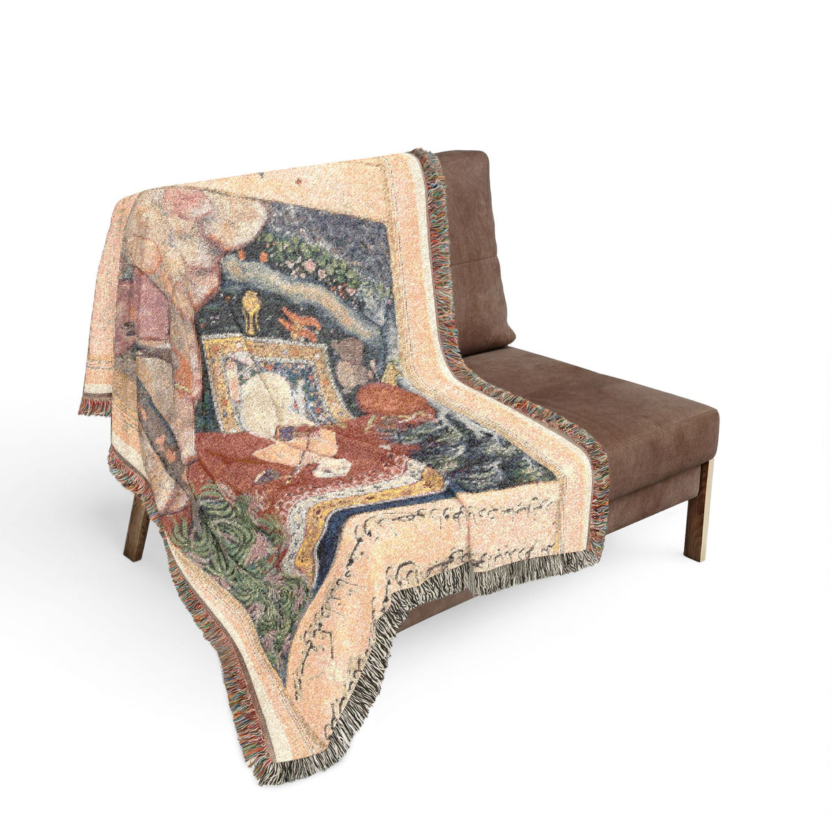 Tuti-nama Parrot Woven Throw Blanket sofa drape, gold and teal illuminated manuscript over cushions, fringe edge