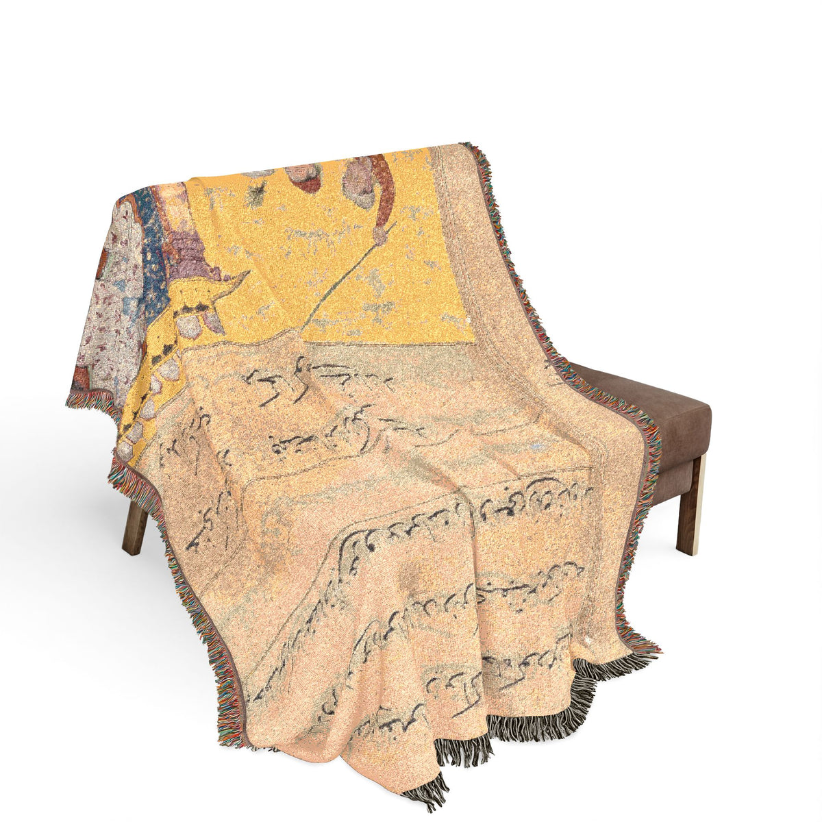 The Three Suitors Quarrel woven throw blanket draped over a sofa
