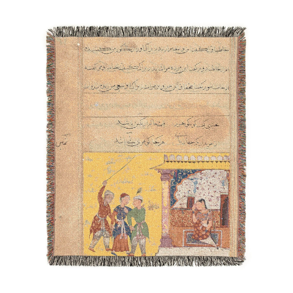 The Three Suitors Quarrel woven throw blanket, flat lay