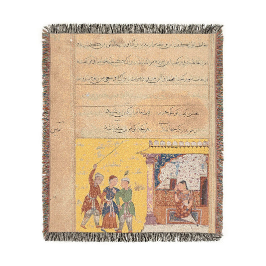 The Three Suitors Quarrel woven throw blanket, flat lay