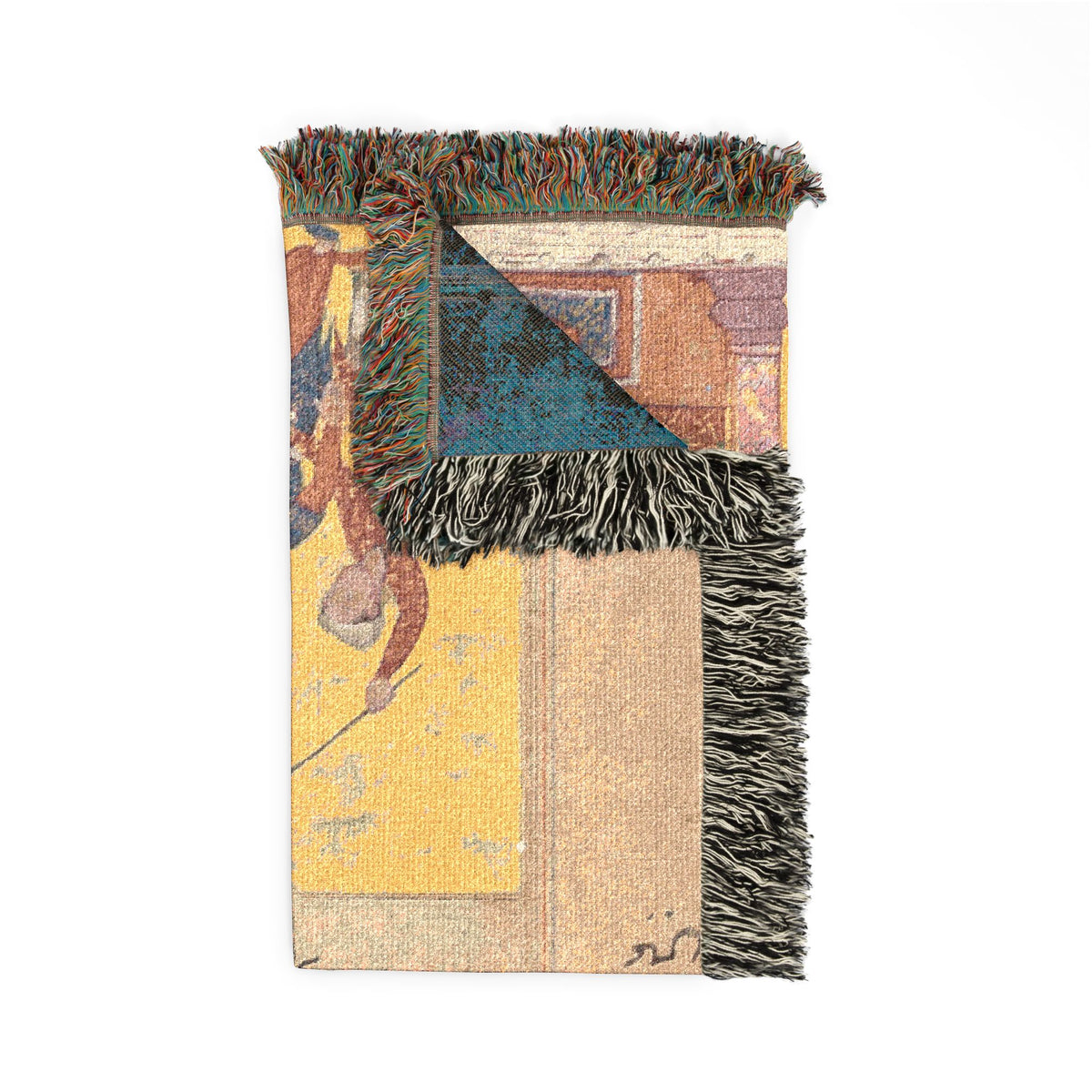 Tuti-nama Three Suitors throw blanket folded, yellow-beige Mughal front with blue-teal reverse corner and fringe detail