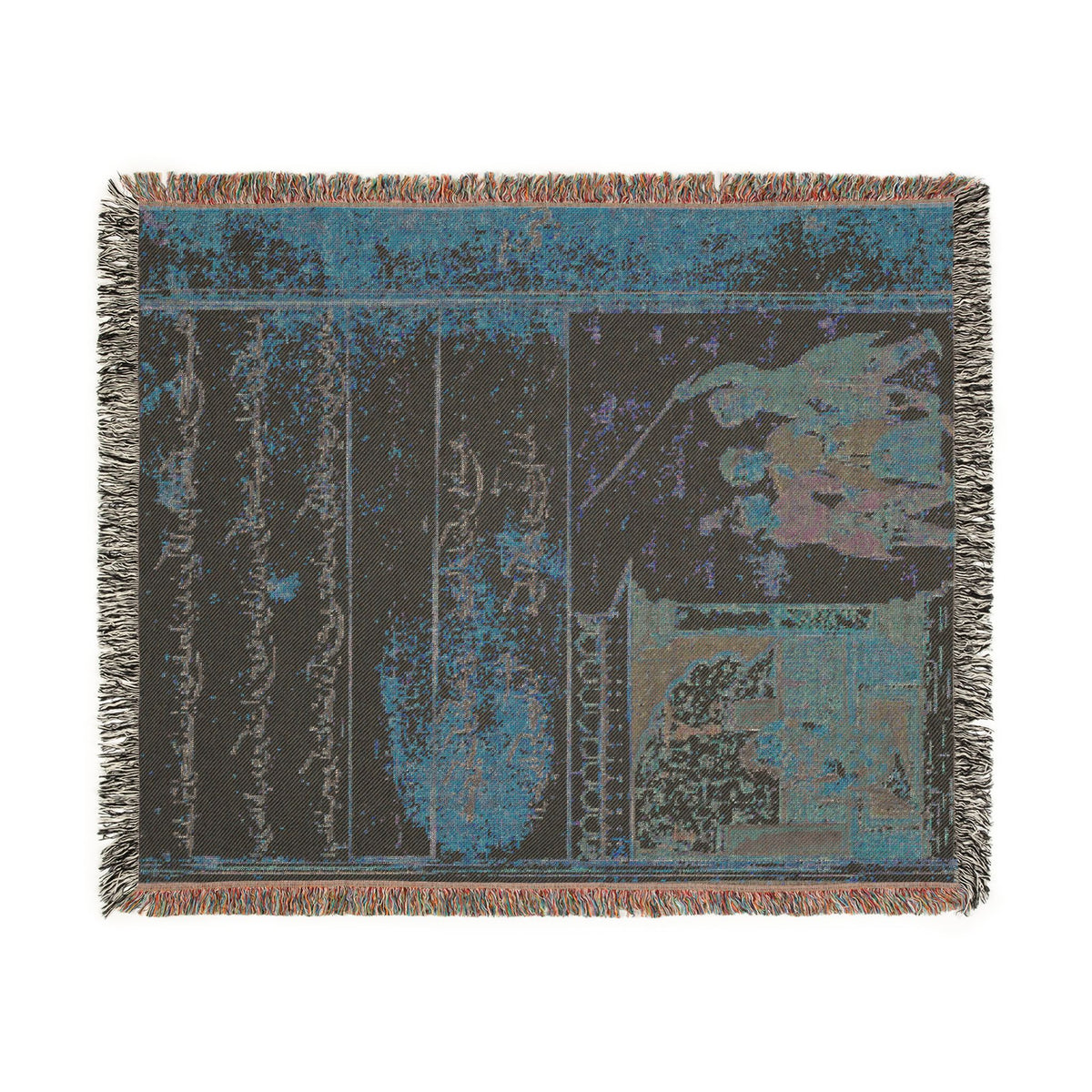 Tuti-nama Three Suitors throw blanket flat reverse, dark charcoal with blue-teal calligraphy columns and figure woven motif