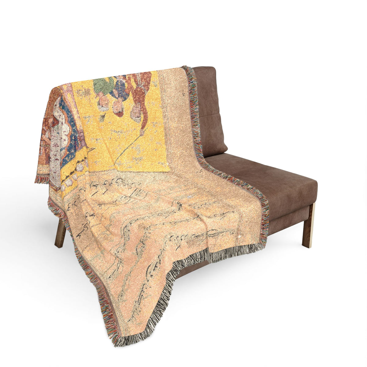Tuti-nama Three Suitors throw blanket over sofa, Mughal illuminated scene top with calligraphy text draping, fringe flowing