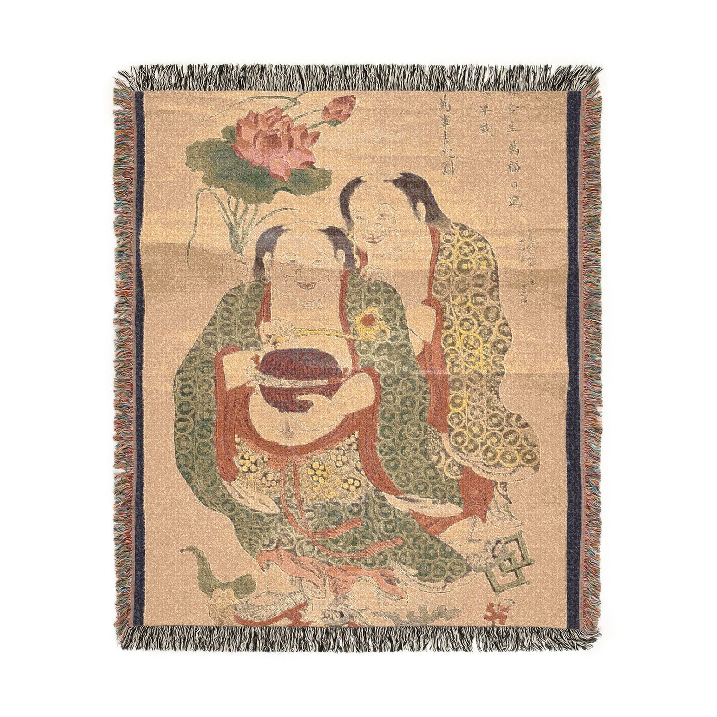 Two Immortals of Harmony and Unity blanket front, immortal figures with lotus, green robes, tan ground, navy border