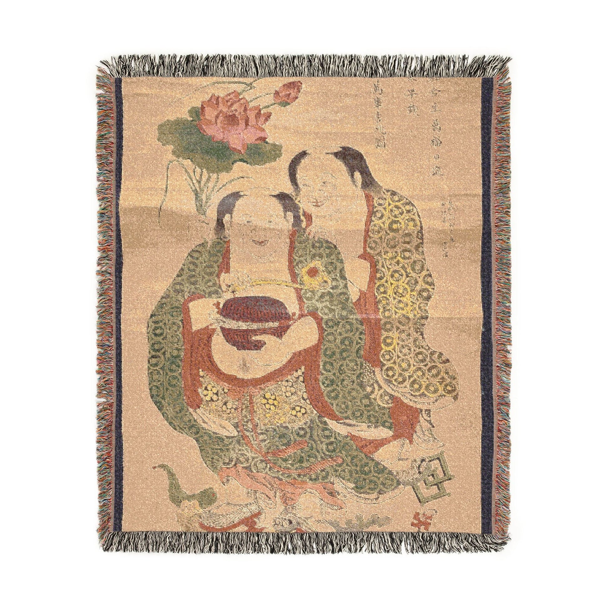 Two Immortals of Harmony and Unity blanket front, immortal figures with lotus, green robes, tan ground, navy border