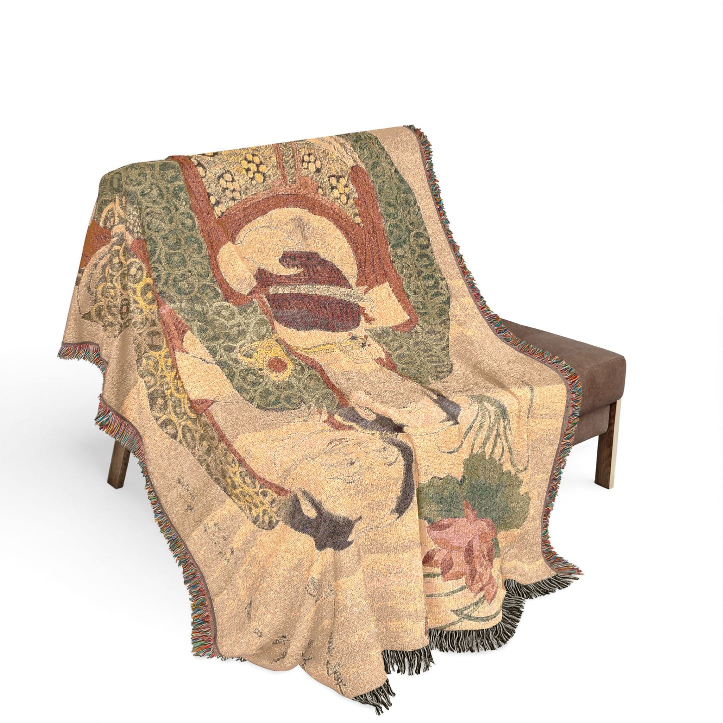 Two Immortals of Harmony and Unity blanket on bench, Chinese immortal figures in green robes on tan ground, fringe