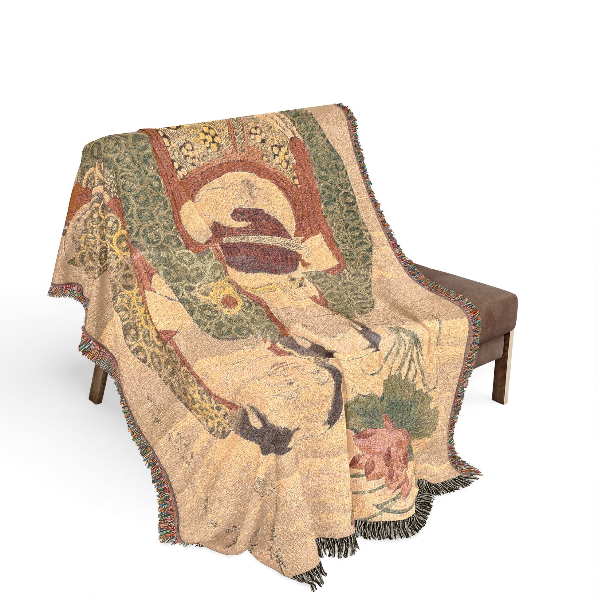 Two Immortals of Harmony and Unity blanket on bench, Chinese immortal figures in green robes on tan ground, fringe
