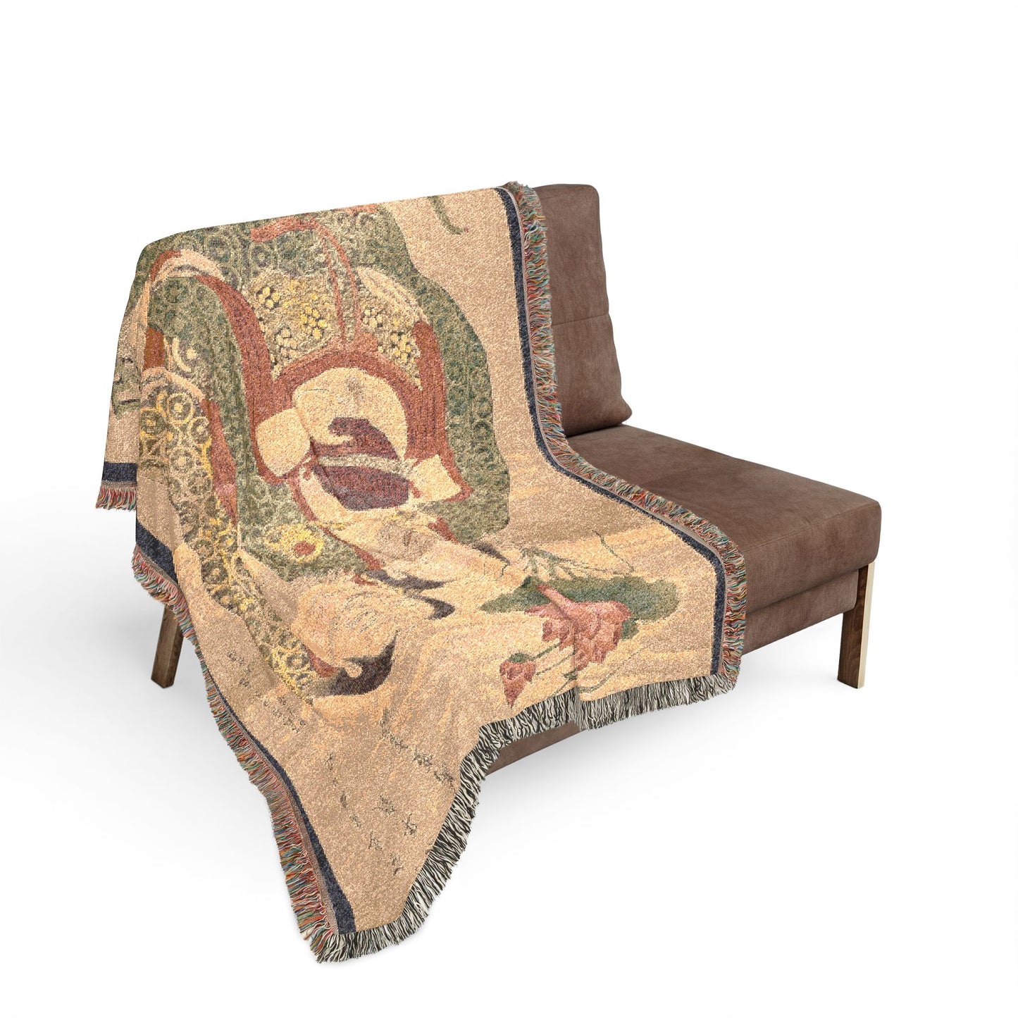 Two Immortals of Harmony and Unity blanket on sofa, green-robed immortal figures on tan ground, navy border fringe draping