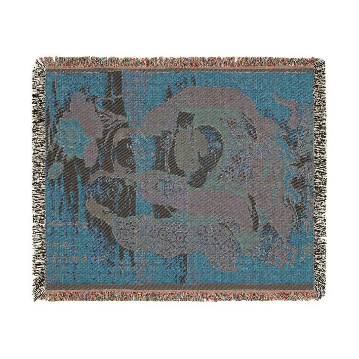 Two Immortals of Harmony and Unity blanket reverse flat, steel blue ground with grey immortal figure silhouettes, fringe