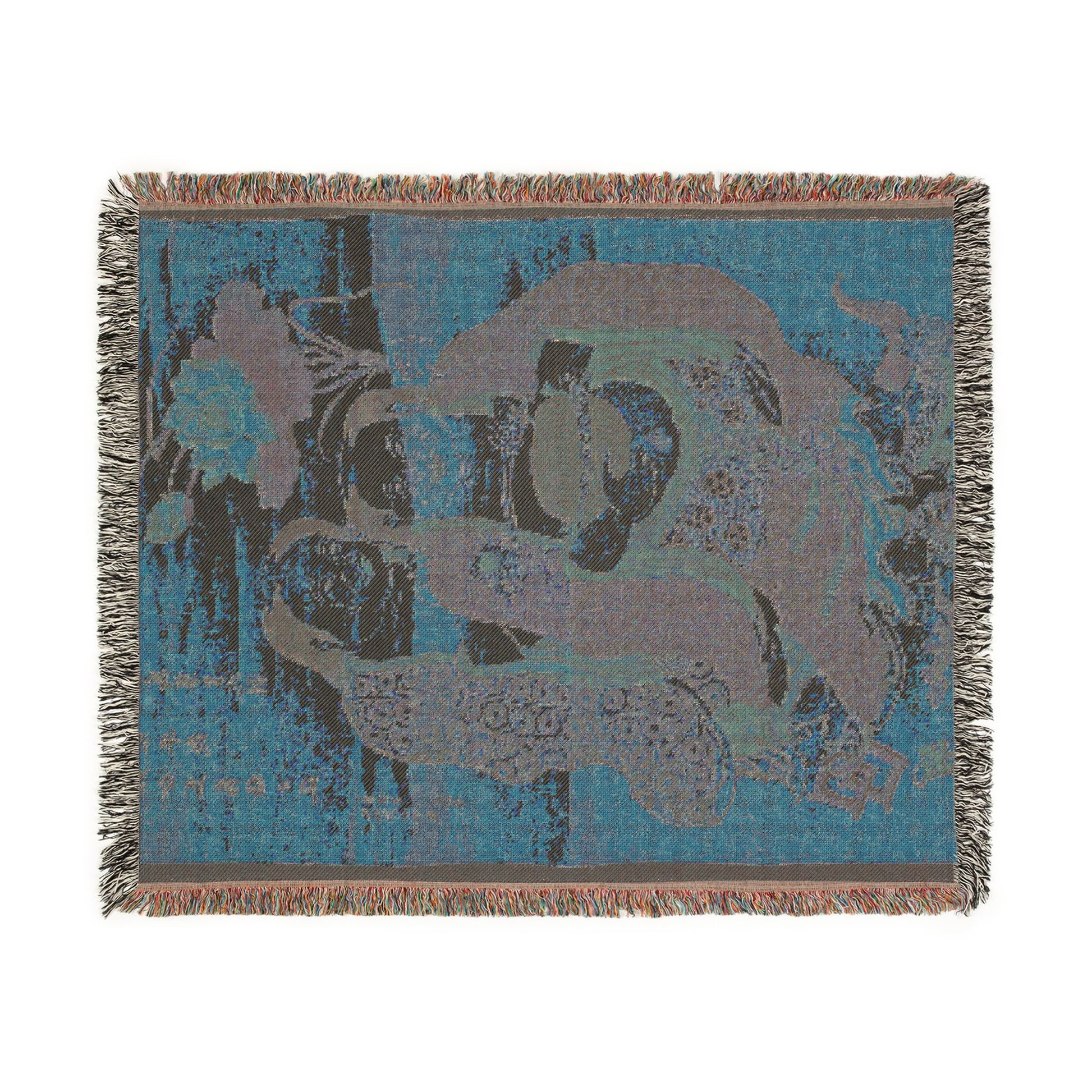 Two Immortals of Harmony and Unity blanket reverse flat, steel blue ground with grey immortal figure silhouettes, fringe