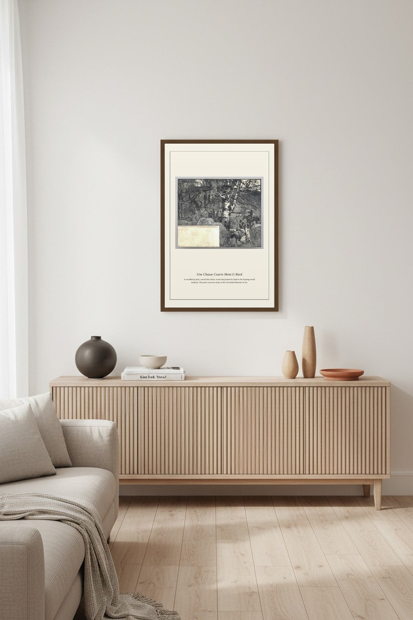 Une Chasse Courre Mont Gerard woodblock print framed above a sideboard in a sunlit room with pendant lighting