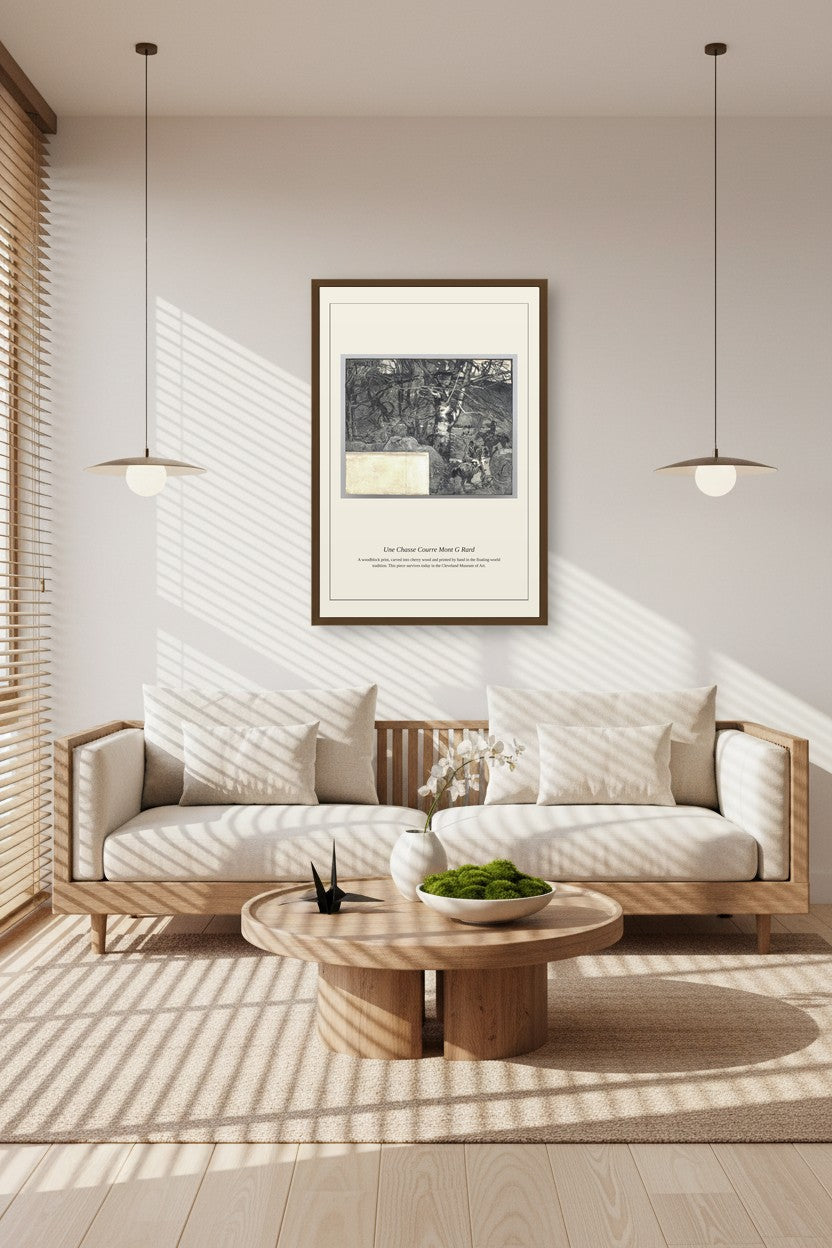 Une Chasse Courre Mont Gerard woodblock print framed above a wood sofa in a sunlit room with striped light patterns