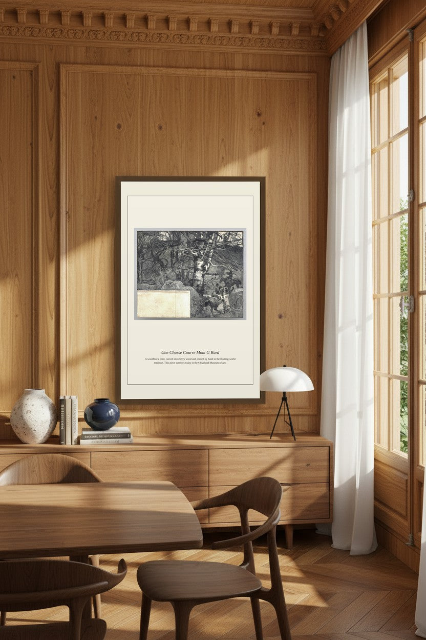 Une Chasse Courre Mont Gerard woodblock print framed on a wood-paneled wall beside a curtained window and sideboard